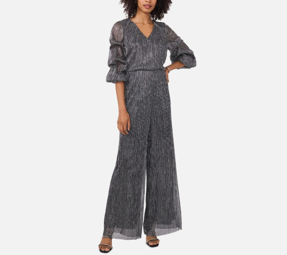 Vince Camuto Women Metallic V-Neck Bubble Sleeve Jumpsuit Black Size XS